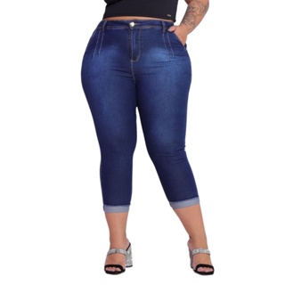 Calça Capry Jeans Feminina Plus Size Com Pinça Frontal Lycra