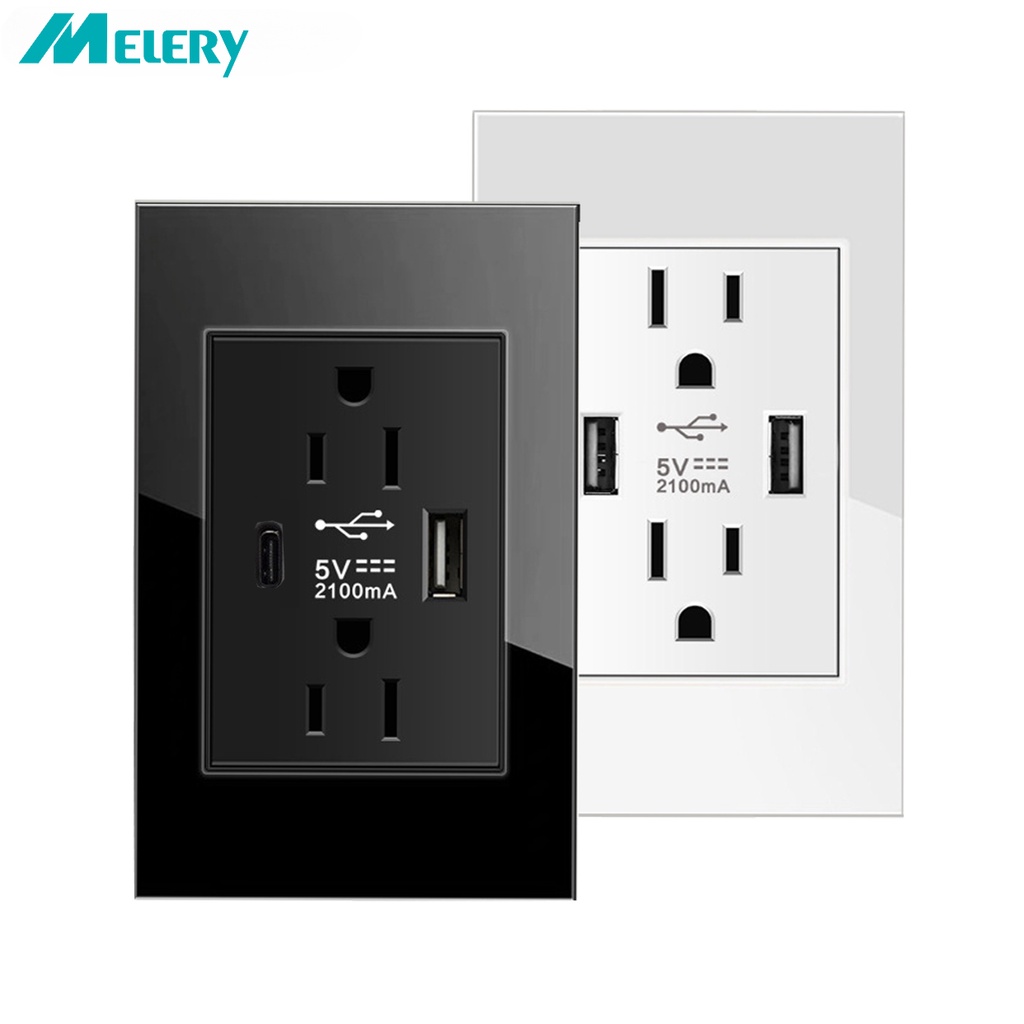 Shawader US Wall Duplex Plug Tomada Elétrica 2.1A USB Tipo c Adaptador De Energia De Vidro Temperado American Canada México Japão