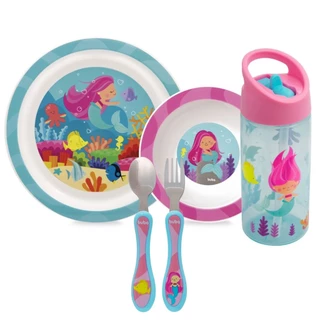 Kit Alimentação Infantil Prato Bowl Talheres E Garrafa Aventuras Sereia Buba