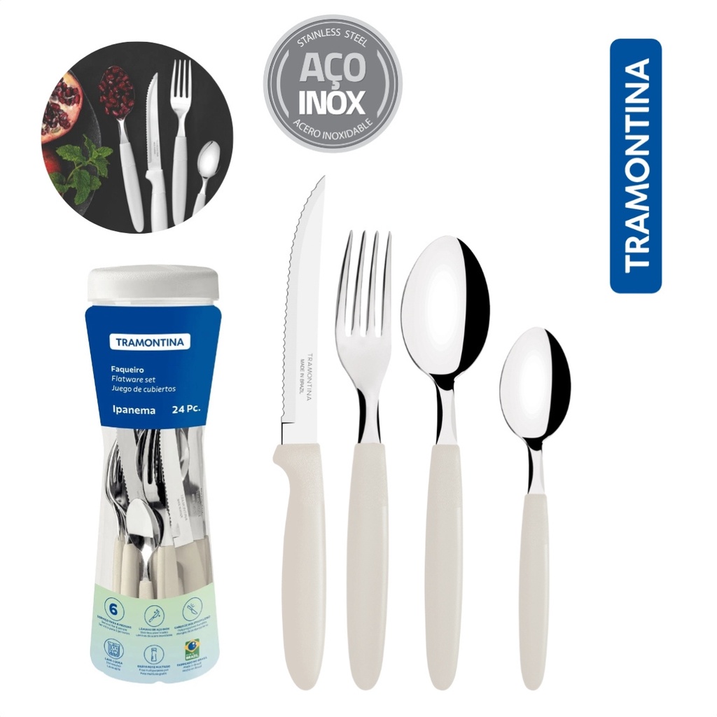 Faqueiro Jogo De Talheres Tramontina Tulum Aço Inox 24 Peças Laranja Kit c/ Garfo  Faca Colher Pote Plástico Multiuso – Minha Loja Pessoal