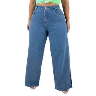 Calça Jeans Wide Leg Plus Size Lisa Fenda Lateral