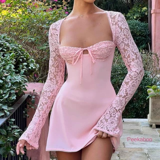 Pkb-Women Solid Color Mini Vestido De Manga Longa Sem Costas Coquetel Com Linha A
