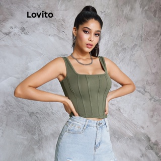Lovito Top Regata Cropped de Gola Quadrada e Tecido Liso para Mulheres LBE02091 (Oliva)