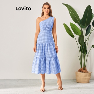 Lovito Vestido Casual Xadrez Assimétrico com Babados em Camadas para Mulheres LBL06107 (Amarelo Claro/Azul)