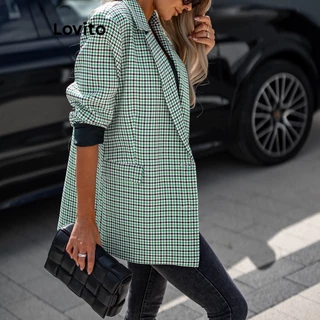 Lovito Elegante Blazer Feminino Pied de Poule com Bolso e Botão Frontal LNE31207 (Khaki/Green)