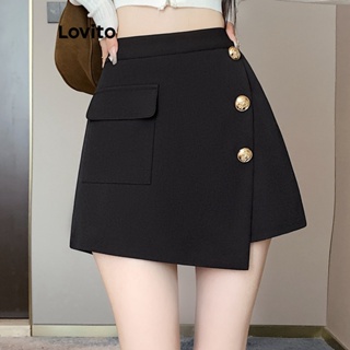 Lovito Shorts Frontais Casuais Lisos Com Botões Assimétricos Para Mulheres LNE29231 (Preto)