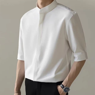 Camisa de Manga Curta Homens Novo Estilo Chinês Estilo Leve Estilo Maduro Estilo Masculino de Verão Slim-fit Trendy Half Middle Sleeve Shirt