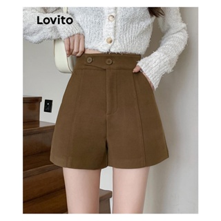 Lovito Shorts Casuais De Botão Liso Para Mulheres LNE37149 (Cáqui/Preto)