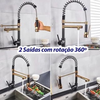 Torneira Cozinha Gourmet Spray Misturador Monocomando Preto e Dourado Decoração Elegante Casa Nova