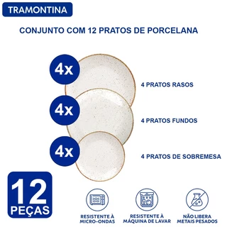 Aparelho de Jantar Jogo de Pratos Tramontina 12 Peças com 4 Pratos Raso 28 cm + 4 Pratos de Sobremesa 21 cm + 4 Pratos Fundo 22 cm Rústico Marrom em Porcelana Decorada