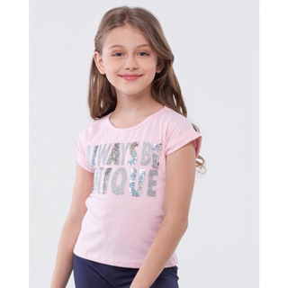 Blusa Infantil Manga Curta Estampa Paetê Rosa Claro