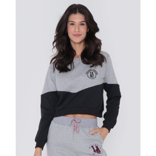Blusa Cropped Moletom Recorte Preto Cinza
