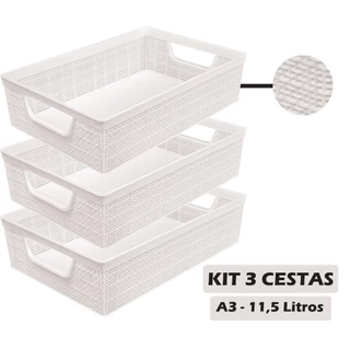 Kit 3 Cesta Organizadora A3 Multiuso 11,5l Reforçada Jaguar Banheiro Geladeira Armario Cozinha Caixa