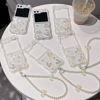 Samsung Galaxy Z Flip Flip5 Caixa De Ondas Arco De Coração De Diamante Pérola Com Corrente 5 Capa Macia À Prova De Choque Telefone Criatividade