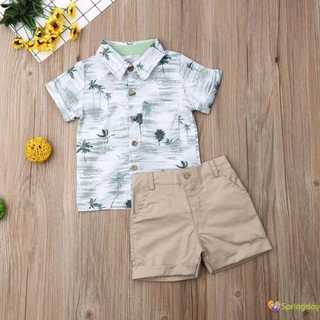 Conjunto Infantil De Verão Para Meninos , Manga Curta , Camisa Estampada De Coqueiro Com Shorts Cáqui