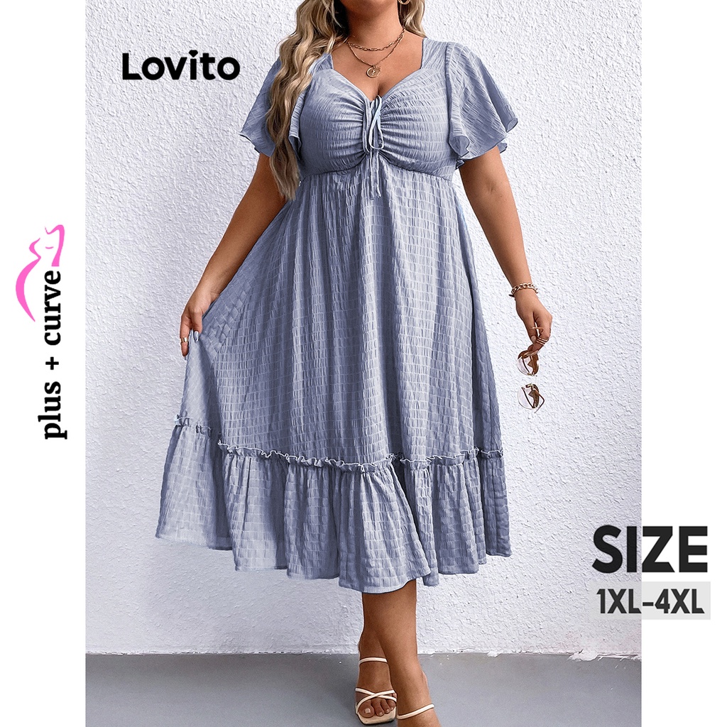 Lovito Vestido Feminino Casual Liso Com Babados E Bainha Plus Size LNE31157 (Azul)