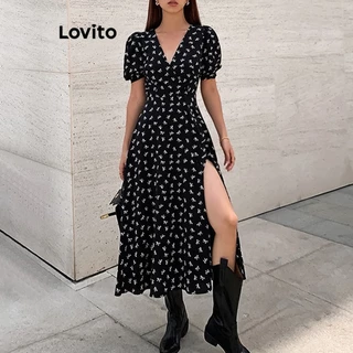 Lovito Casual Vestido Feminino Floral com Fenda Frontal LNE31088 (Preto)