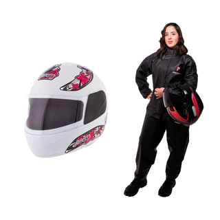 Capacete Moto Feminino Liberty Four Girls Branco Rosa Viseira Cristal + Capa de Chuva PVC