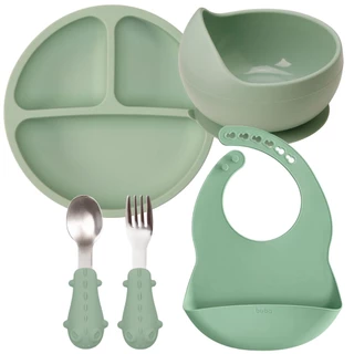 Kit Prato Tigela Bowl Talheres E Babador Pega Migalhas Silicone E Inox Verde Buba