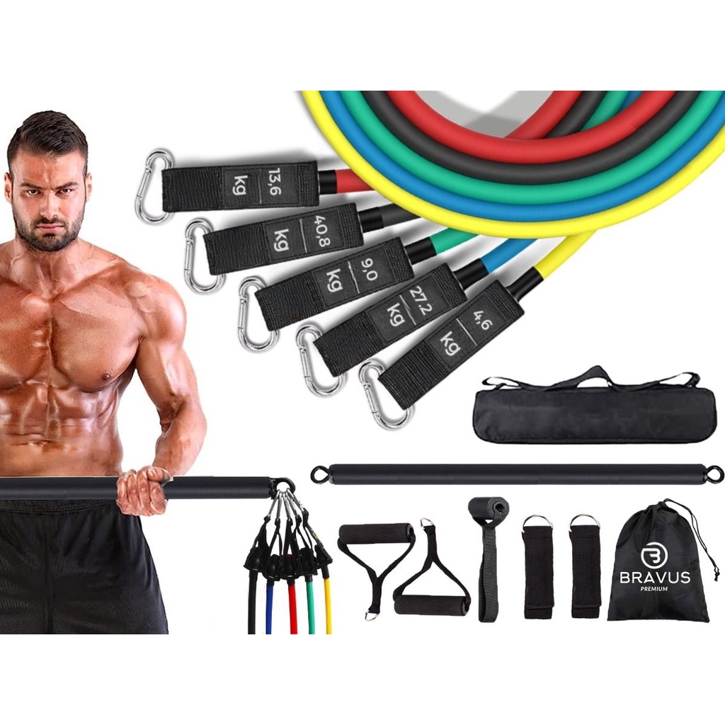 Kit Tubing Premium Extreme Elástico Extensor com Barra de Exercícios Bravus Sport
