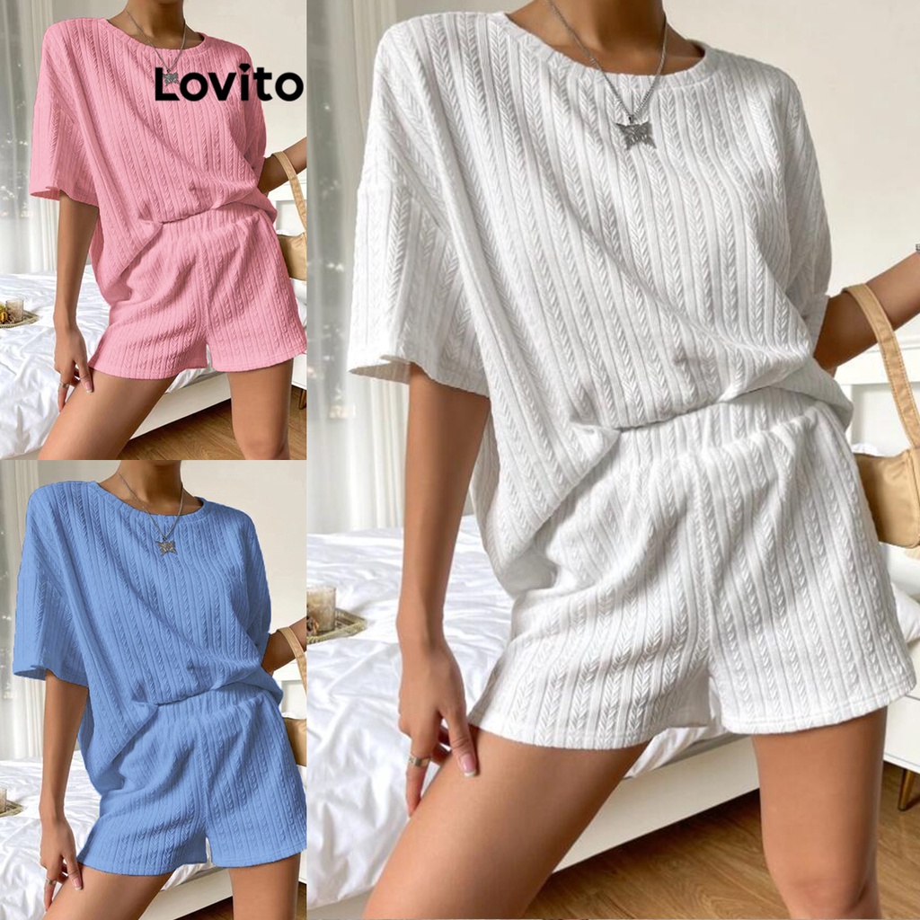 Lovito Conjunto De Shorts Casuais De Tecido Texturizado Liso Para Mulheres LNL43150