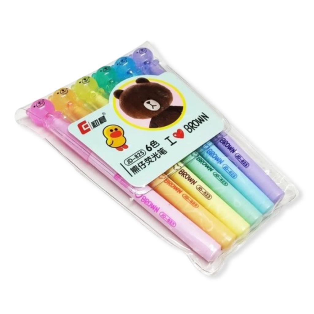 Marca Texto Kawaii Urso Kit Estojo Escolar Com 06 Unidades