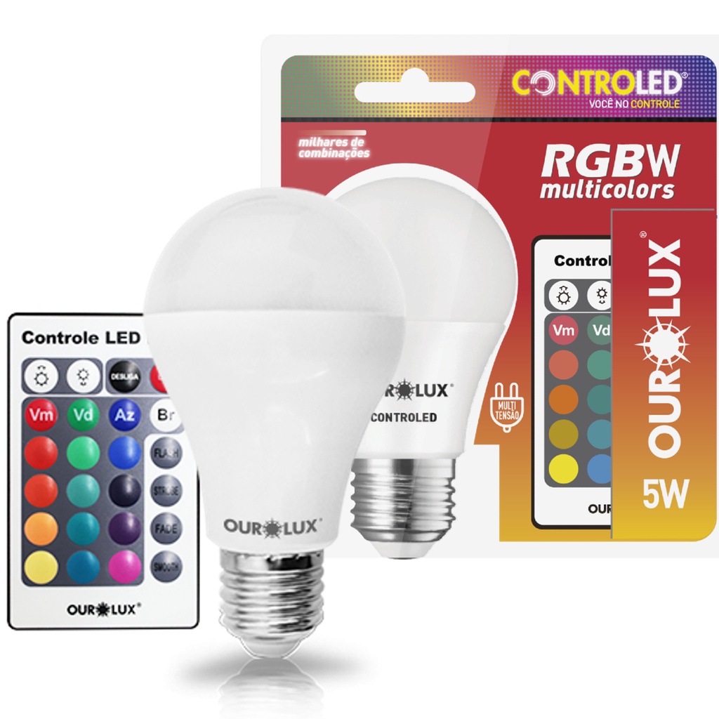 Lâmpada Led Bulbo Com Controle A60 5w Bivolt E27 Rgb Controled Ourolux ...