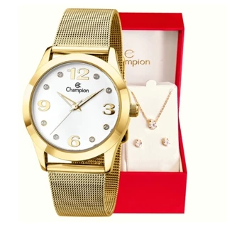Relógio Champion Feminino Analógico Dourado + Kit de Brincos e Colar Original À Prova d