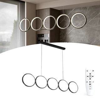 Lustre Moderno de Led 5 Circulos 100cm - Cor Preta - 50w 11 Tons de Branco - Com Controle Remoto e Dimmer
