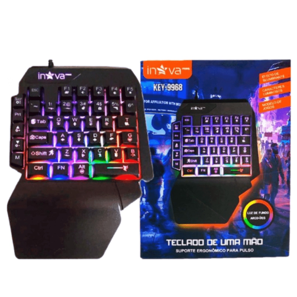 Teclado de uma mão gamer português brasil preto com luz rgb