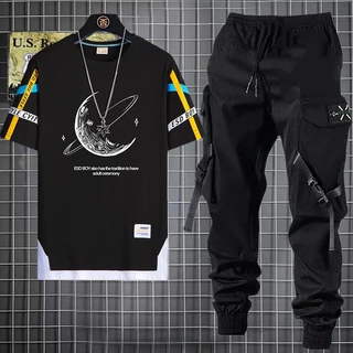 Calça De Carga Masculina Estilo Hip Hop Joggers + Conjunto De Homens Com Camiseta Casual Manga Curta