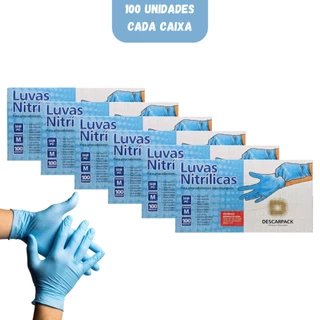 Kit 6 Luva Nitrílica Azul Tamanho M Descarpack Com 100 Unidades Cada Caixa