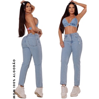 Calça Jeans Feminina Mom Destroyed 100% Algodao Cintura Alta