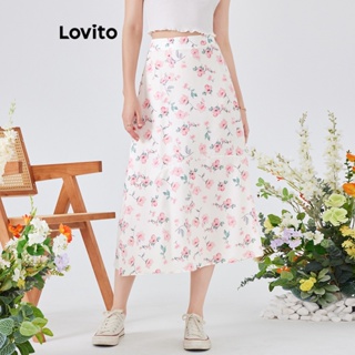 Lovito Boho Saia Feminina Floral de Festa com Fecho Traseiro L54ED084 (Branca)