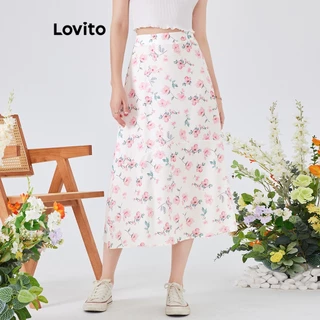 Lovito Boho Saia Feminina Floral de Festa com Fecho Traseiro L54ED084 (Branca)