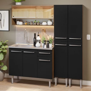 Armário de Cozinha Compacta 169cm com Pia Rustic/Preto Emilly Madesa 14 em Oferta na Shopee
