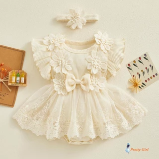 Mellifluous-Baby Girl Mesh Patchwork Rufle Romper Vestido + Fita De Cabeça