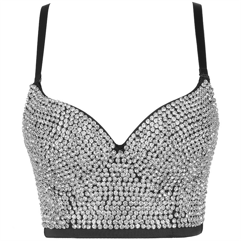 Fashion (2-black)Sequin Rhinestone Bra Women Tee Gothic Blusas