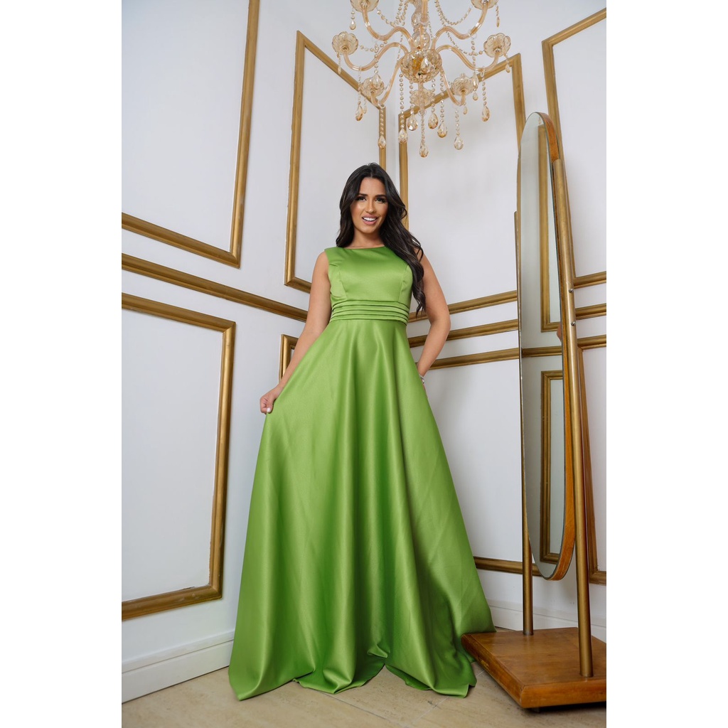 Vestido Verde Vestido De Linho Liso Vestido De Festa Sem Decote