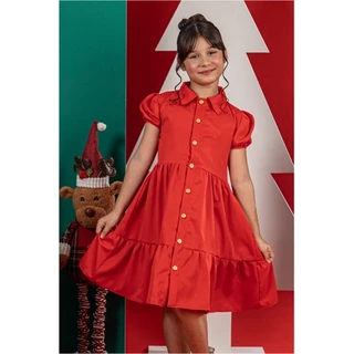 Vestido Infantil Vermelho Botões Frontal