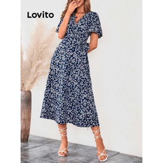 Lovito Boho Vestido Feminino Floral com Cinto LNE27044 (Verde/Azul)