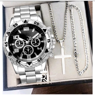 Relógio Masculino Aço inox Conjunto c/ Corrente + Pulseira e Pingente