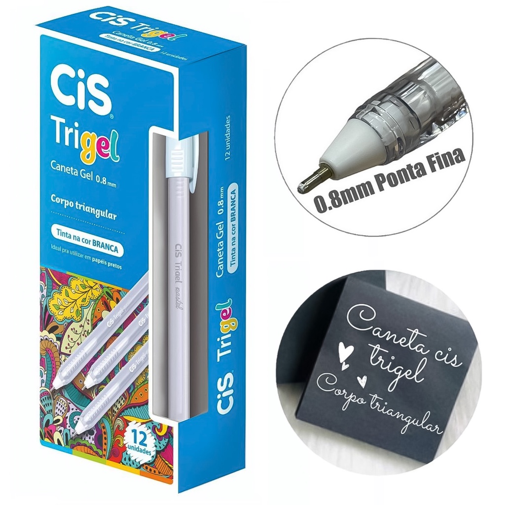 Caneta Gel Branca Trigel Cis 0.8mm Caixa com 12 unidades escreve em ...