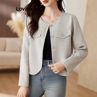 Lovito Elegante Blazer Feminino Liso com Botão LNA30077 (Cinza/Preto)