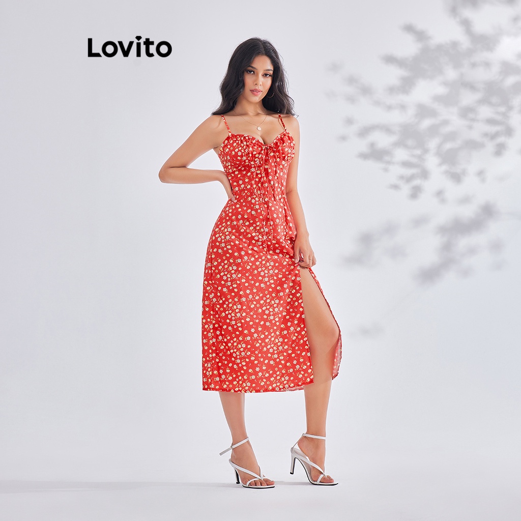 Lovito Vestido Boho Ditsy Floral Com Renda Dividida Na Coxa Para Mulheres LBE03144 (Vermelho)