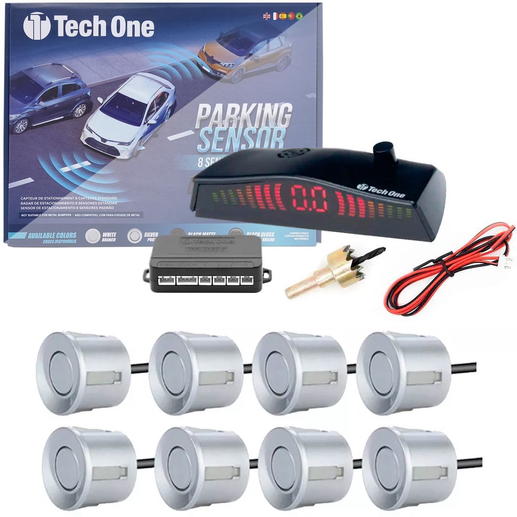 Sensor Estacionamento 8 Pontos Prata Display Led Sinal Sonoro