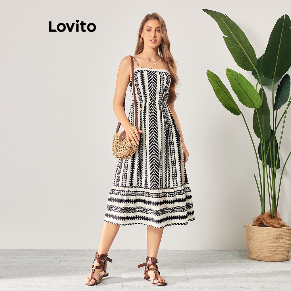 Lovito Vestido Boho Listrado Franzido Para Mulheres LBL06098 (Preto E Branco)