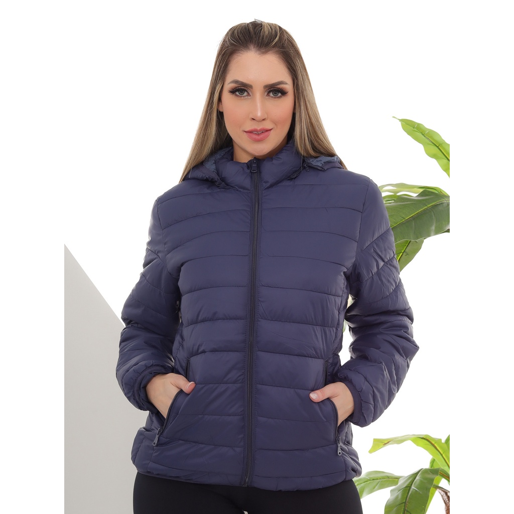 Jaqueta Puffer Feminina Azul Marinho Bolso Lateral com Touca Premium ...