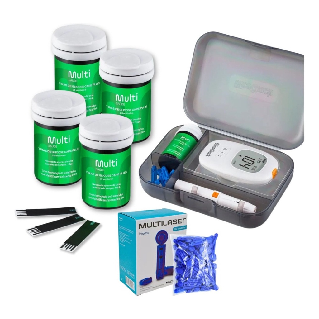 Kit Medidor De Glicose Glicosímetro + 100 Tiras + 100 Lancetas + Caneta Lancetadora