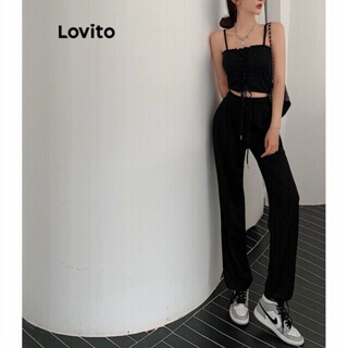 Lovito Conjunto Casual Liso De Renda Com Bolsos Calças Para Mulheres LNE42244